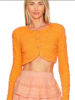 LoveShackFancy Senina Crinkled Crop Cardigan Neon Tangerine Size M Textured Knit